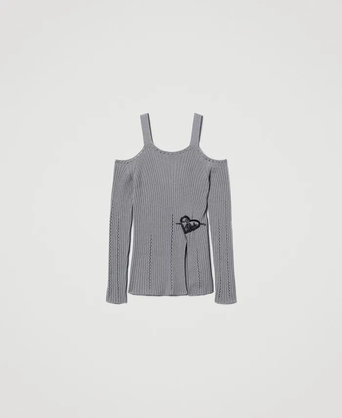 Twinset Treeblend Yarn Jumper With Brooch Light Fume Grey Women Jumpers And Cardigans Twinset Treeblend Yarn Jumper With Brooch Light Fume Grey Women Jumpers And Cardigans