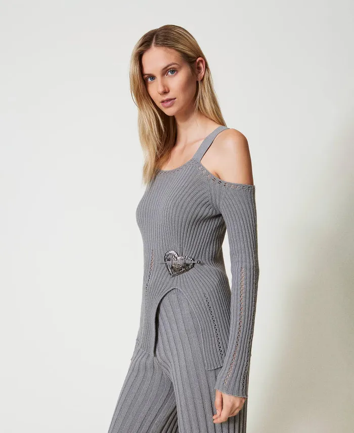 Twinset Treeblend Yarn Jumper With Brooch Light Fume Grey Women Jumpers And Cardigans Twinset Treeblend Yarn Jumper With Brooch Light Fume Grey Women Jumpers And Cardigans