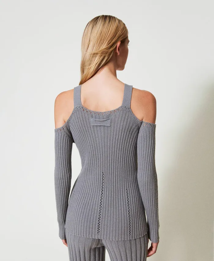 Twinset Treeblend Yarn Jumper With Brooch Light Fume Grey Women Jumpers And Cardigans Twinset Treeblend Yarn Jumper With Brooch Light Fume Grey Women Jumpers And Cardigans