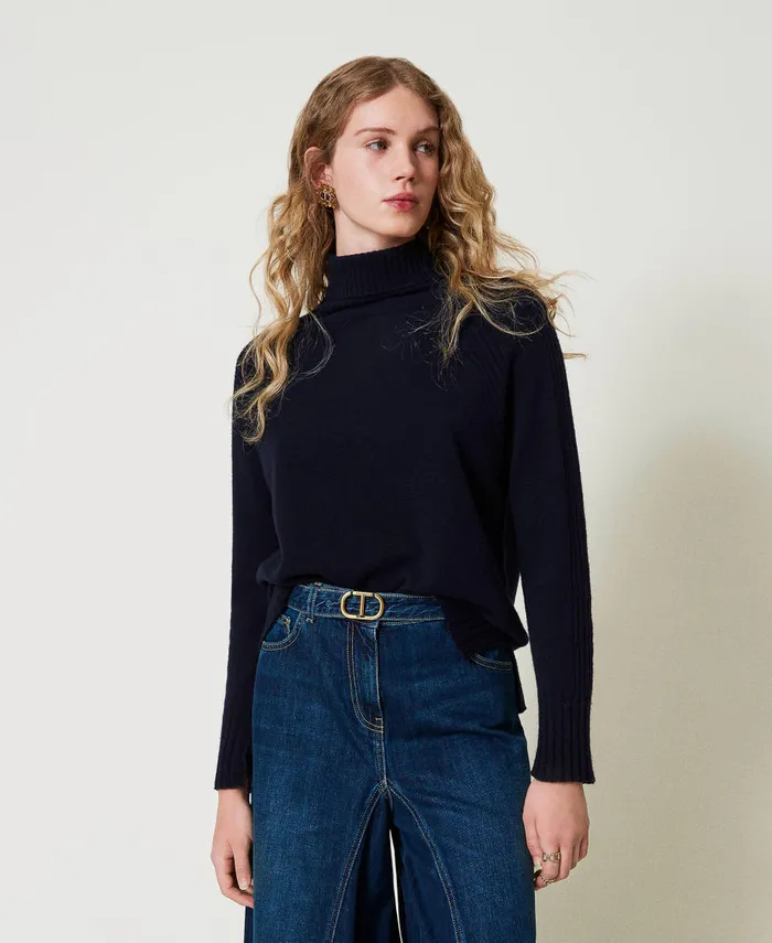 Twinset Wool And Cashmere Blend Turtleneck Jumper Indigo Women Jumpers And Cardigans