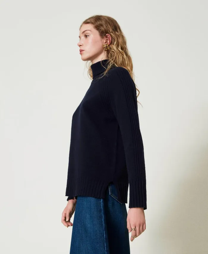 Twinset Wool And Cashmere Blend Turtleneck Jumper Indigo Women Jumpers And Cardigans Twinset Wool And Cashmere Blend Turtleneck Jumper Indigo Women Jumpers And Cardigans