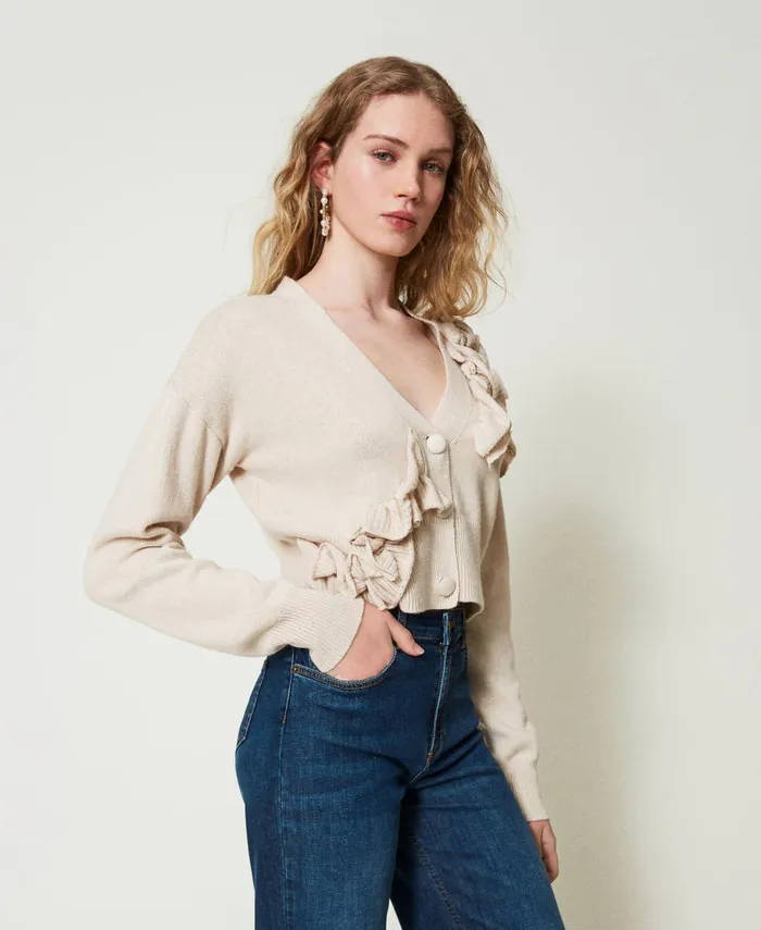 Twinset Wool Blend Cardigan With Ruffles Old White Women Jumpers And Cardigans