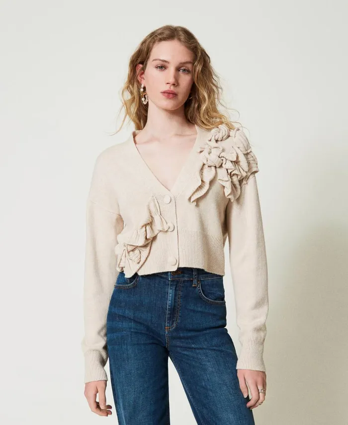Twinset Wool Blend Cardigan With Ruffles Old White Women Jumpers And Cardigans Twinset Wool Blend Cardigan With Ruffles Old White Women Jumpers And Cardigans