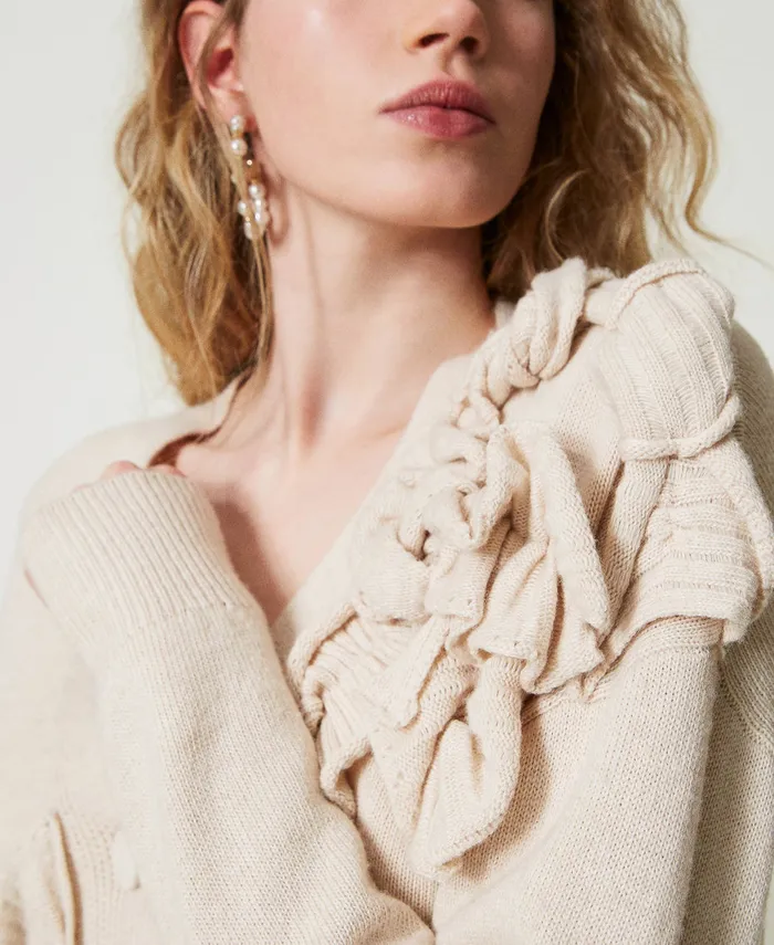 Twinset Wool Blend Cardigan With Ruffles Old White Women Jumpers And Cardigans Twinset Wool Blend Cardigan With Ruffles Old White Women Jumpers And Cardigans