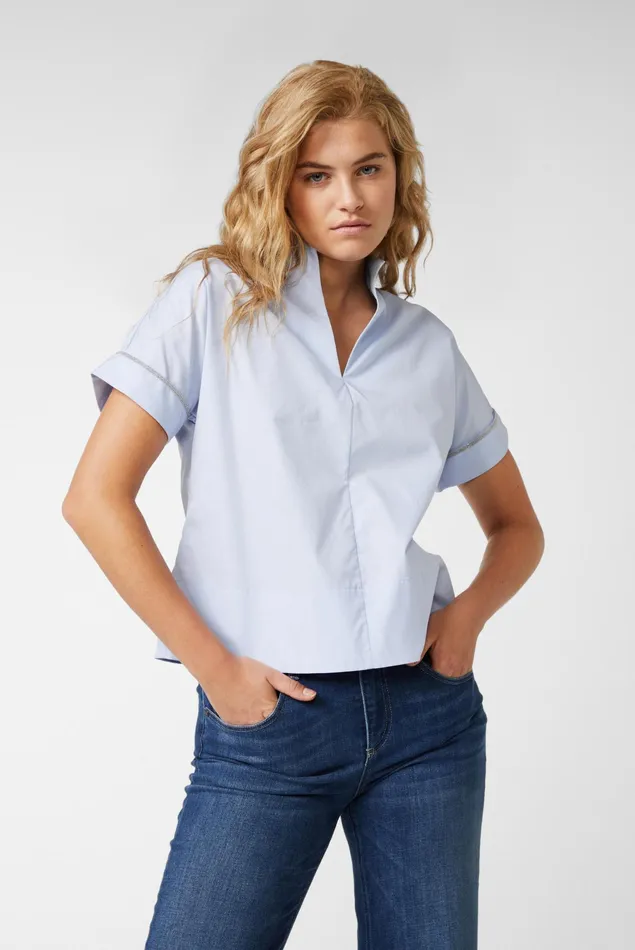 Van Laack Business Blouses Women Cup Collar Blouse With Ribbon Detail In Cotton Poplin Blau