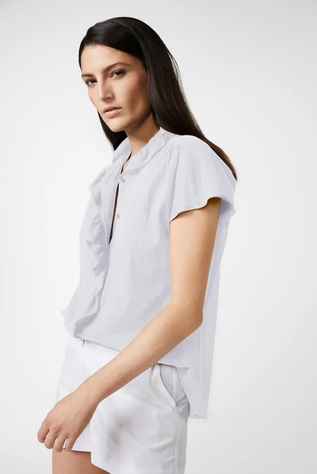 Van Laack Casual Blouses Women Cotton Blouse With Ruffle Neckline White