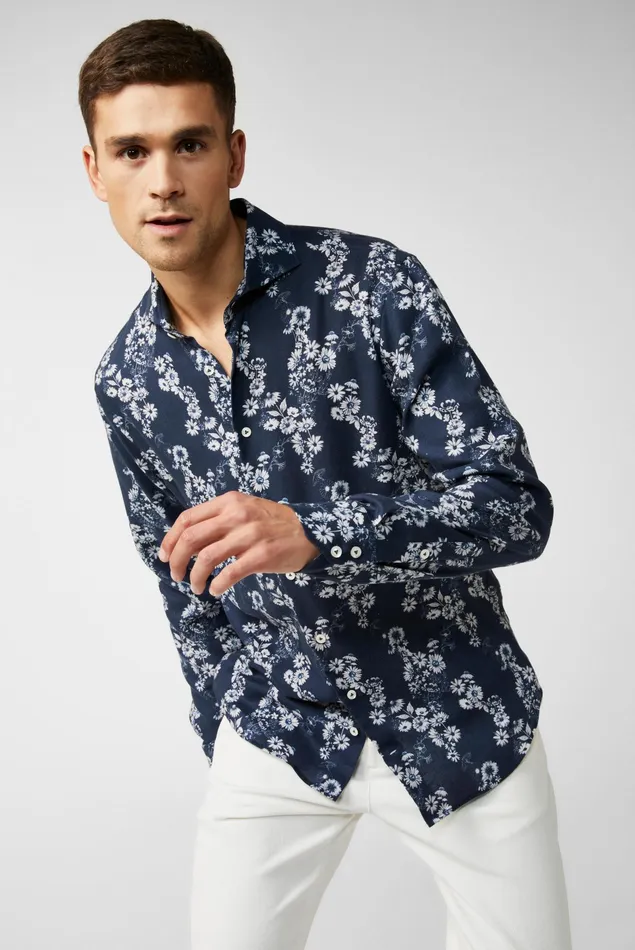 Van Laack Casual Shirts Men Night FlowerPrinted LinenBlend Shirt Blue