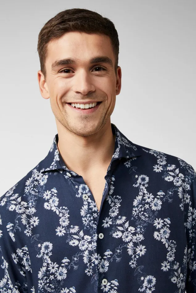 Van Laack Casual Shirts Men Night FlowerPrinted LinenBlend Shirt Blue Van Laack Casual Shirts Men Night FlowerPrinted LinenBlend Shirt Blue
