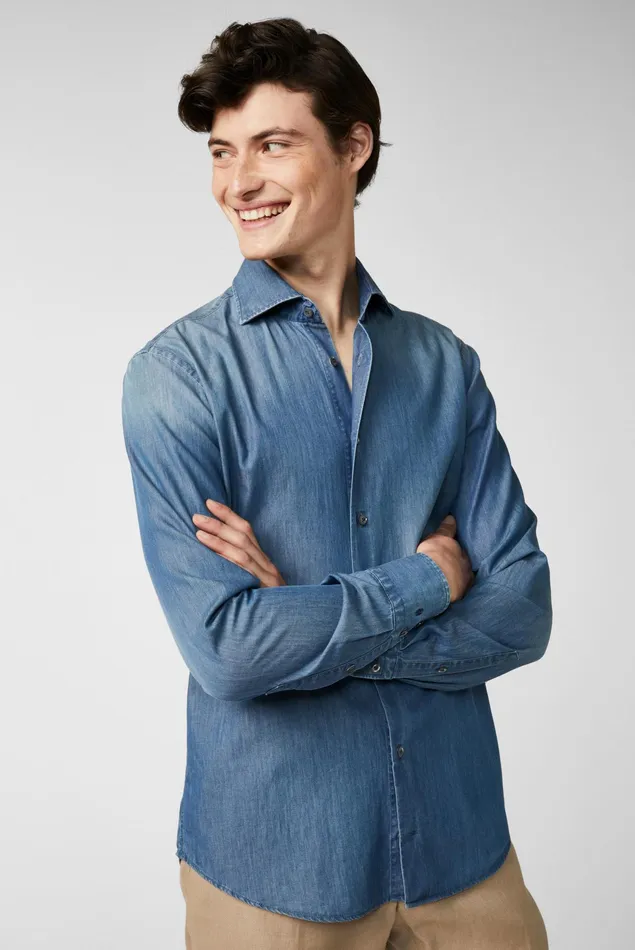 Van Laack Casual Shirts Men Stonewashed Denim Shirt Blue