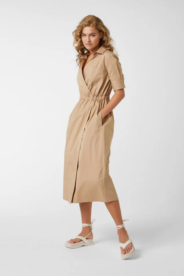 Van Laack Dresses and Skirts Women Wraparound Midi Dress With Dropped Shoulders In Beige Solid Cotton Stretch Twill Blend Van Laack Dresses and Skirts Women Wraparound Midi Dress With Dropped Shoulders In Beige Solid Cotton Stretch Twill Blend