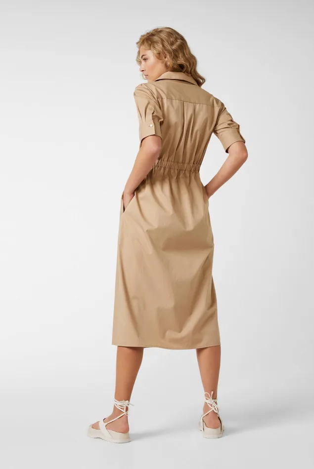 Van Laack Dresses and Skirts Women Wraparound Midi Dress With Dropped Shoulders In Beige Solid Cotton Stretch Twill Blend Van Laack Dresses and Skirts Women Wraparound Midi Dress With Dropped Shoulders In Beige Solid Cotton Stretch Twill Blend