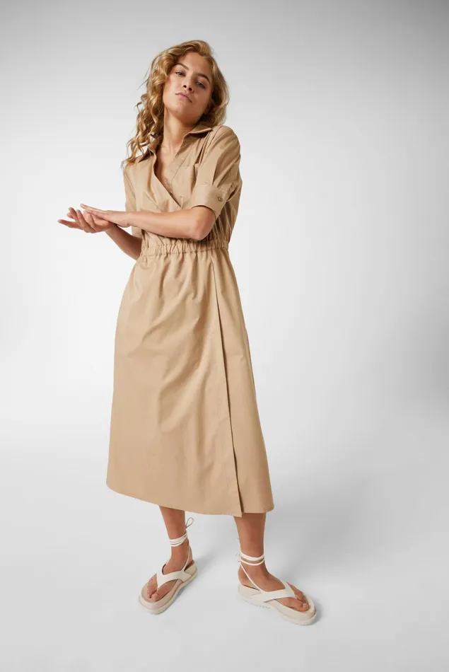 Van Laack Dresses and Skirts Women Wraparound Midi Dress With Dropped Shoulders In Beige Solid Cotton Stretch Twill Blend Van Laack Dresses and Skirts Women Wraparound Midi Dress With Dropped Shoulders In Beige Solid Cotton Stretch Twill Blend
