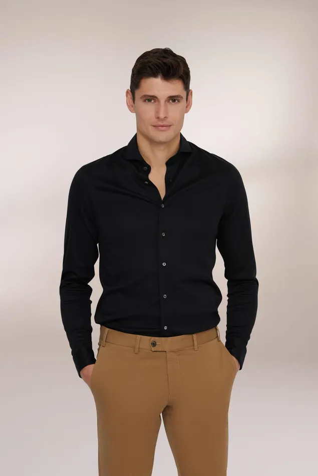 Van Laack Jersey Shirts Men Swiss Cotton Jersey Shirt Slim Fit Black