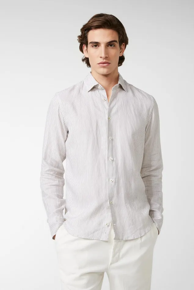 Van Laack Linen Shirts Men Striped Linen Shirt Green