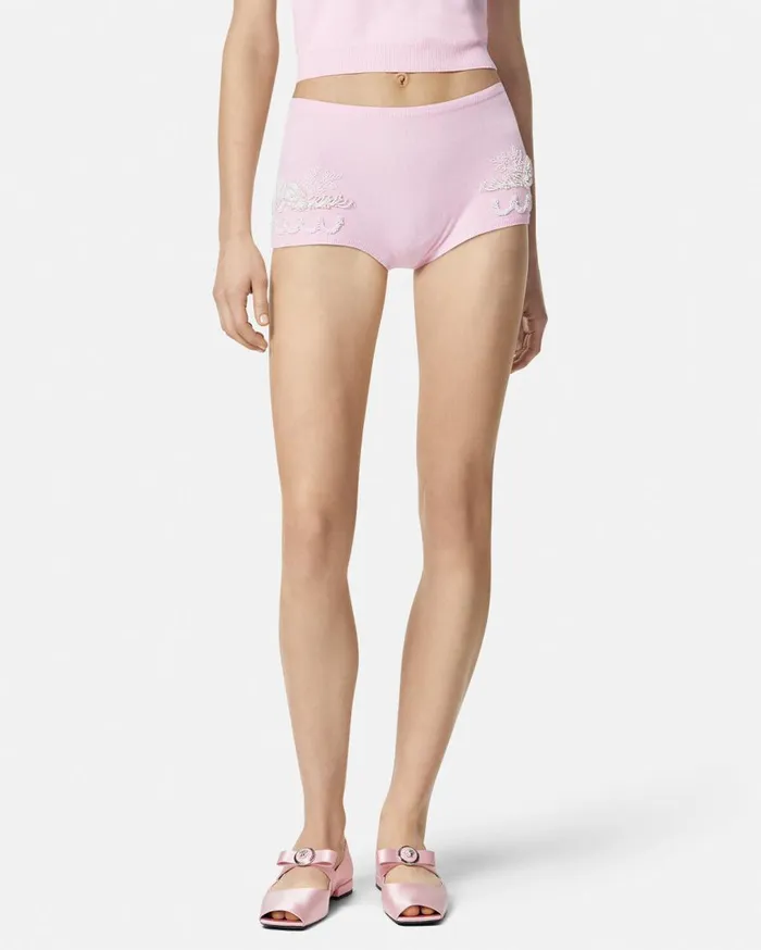 Versace Knitwear Embroidered Cashmere Knit Shorts Light Pink 8211 Women Versace Knitwear Embroidered Cashmere Knit Shorts Light Pink 8211 Women