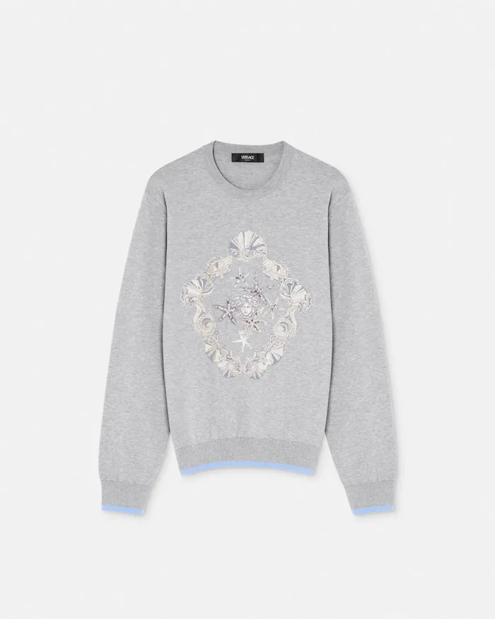 Versace Knitwear Embroidered Shell Blasone Sweater Gray 8211 Men