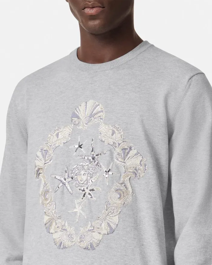 Versace Knitwear Embroidered Shell Blasone Sweater Gray 8211 Men Versace Knitwear Embroidered Shell Blasone Sweater Gray 8211 Men
