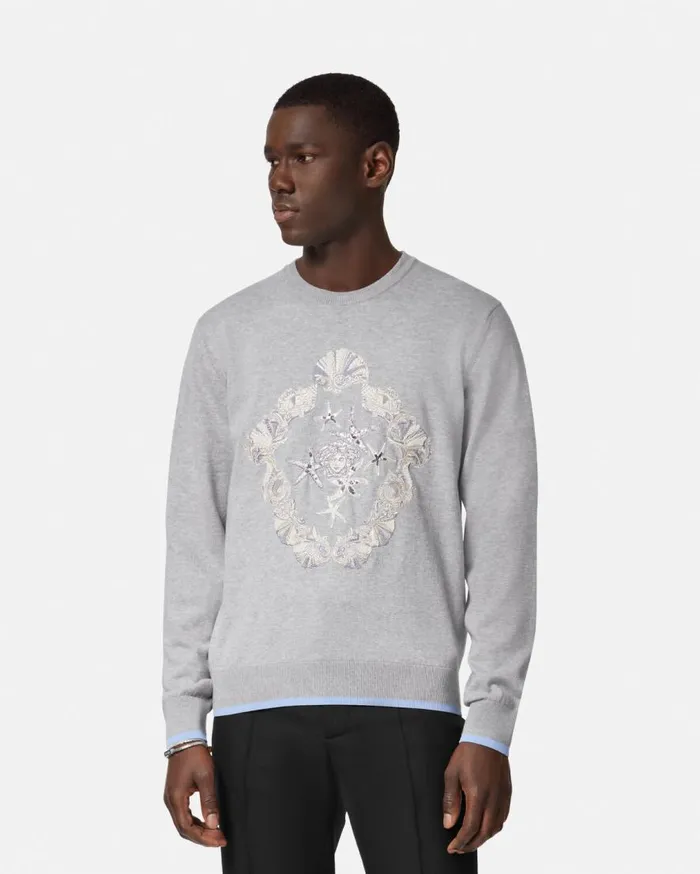 Versace Knitwear Embroidered Shell Blasone Sweater Gray 8211 Men Versace Knitwear Embroidered Shell Blasone Sweater Gray 8211 Men
