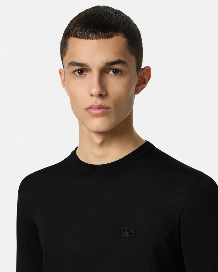 Versace Knitwear Embroidered WoolBlend Sweater Black 8211 Men Versace Knitwear Embroidered WoolBlend Sweater Black 8211 Men