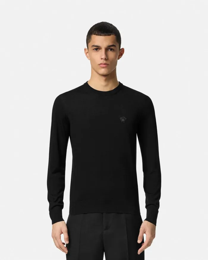 Versace Knitwear Embroidered WoolBlend Sweater Black 8211 Men Versace Knitwear Embroidered WoolBlend Sweater Black 8211 Men