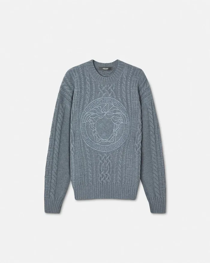 Versace Knitwear Medusa CableKnit Sweater Gray 8211 Men