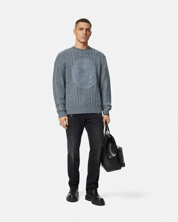 Versace Knitwear Medusa CableKnit Sweater Gray 8211 Men Versace Knitwear Medusa CableKnit Sweater Gray 8211 Men