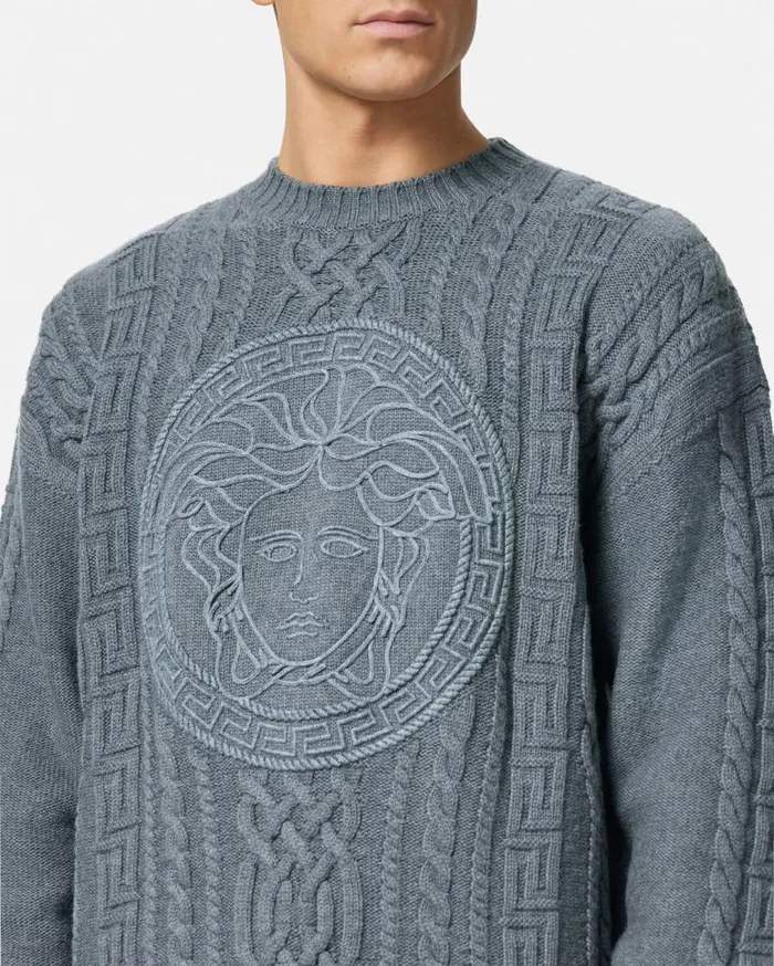 Versace Knitwear Medusa CableKnit Sweater Gray 8211 Men Versace Knitwear Medusa CableKnit Sweater Gray 8211 Men