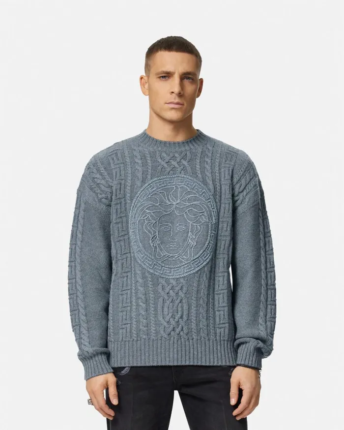 Versace Knitwear Medusa CableKnit Sweater Gray 8211 Men Versace Knitwear Medusa CableKnit Sweater Gray 8211 Men