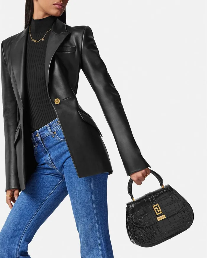 Versace Top Handle CrocEffect Greca Goddess Top Handle Bag Blackgold 8211 Women Versace Top Handle CrocEffect Greca Goddess Top Handle Bag Blackgold 8211 Women