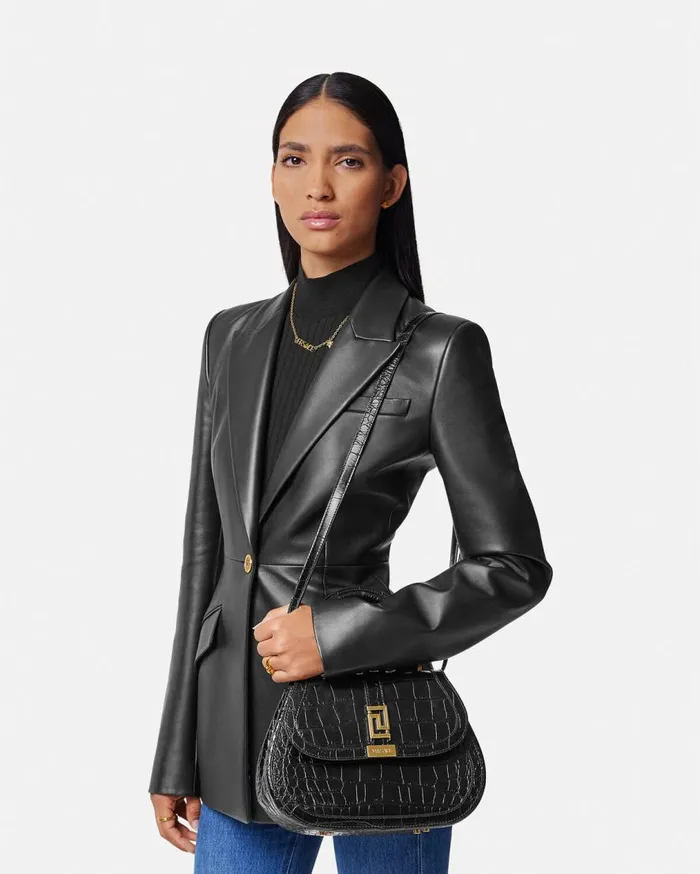 Versace Top Handle CrocEffect Greca Goddess Top Handle Bag Blackgold 8211 Women Versace Top Handle CrocEffect Greca Goddess Top Handle Bag Blackgold 8211 Women