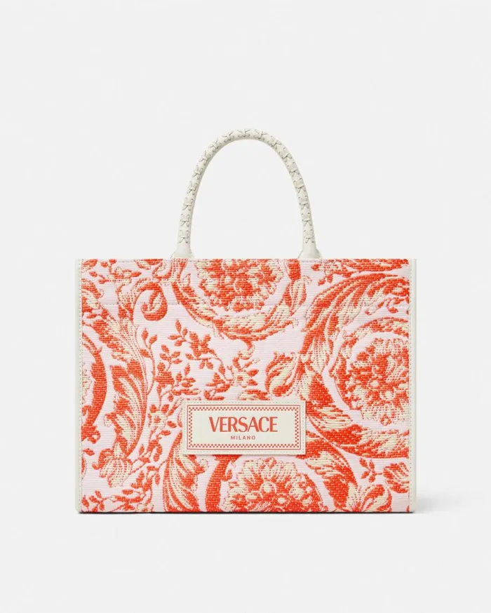Versace Totes Barocco Athena Raffia Medium Tote Bag Coral 8211 WomenMen