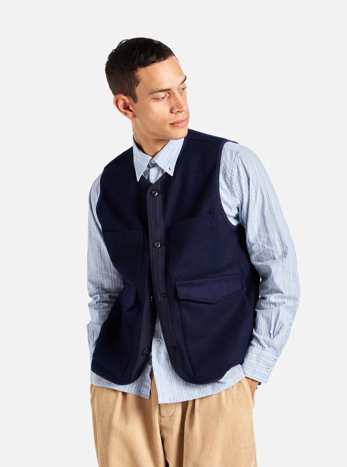 Waistcoats and Gilets Men Universal Works Universal Works 4 Pocket Gilet In Navy Melton Waistcoats and Gilets Men Universal Works Universal Works 4 Pocket Gilet In Navy Melton