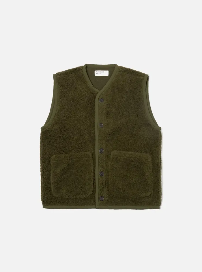 Waistcoats and Gilets Men Universal Works Universal Works Lancaster Gilet In Olive Mountain Fleece