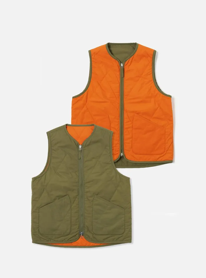 Waistcoats and Gilets Men Universal Works Universal Works Reversible Military Liner Gilet In OliveOrange Recycled Polytech Waistcoats and Gilets Men Universal Works Universal Works Reversible Military Liner Gilet In OliveOrange Recycled Polytech