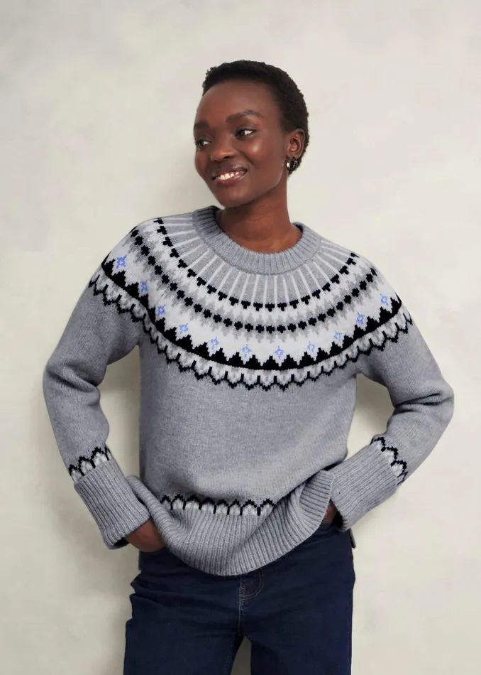 Women Anya Fairisle Jumper With Alpaca Mid Grey Marl Hobbs Jumpers and Cardigans