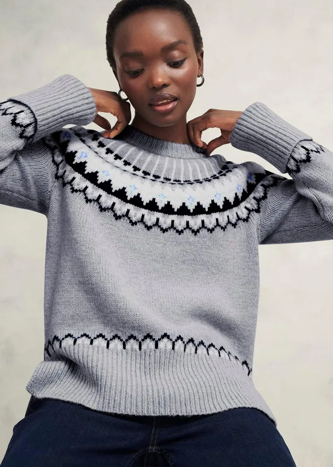 Women Anya Fairisle Jumper With Alpaca Mid Grey Marl Hobbs Jumpers and Cardigans