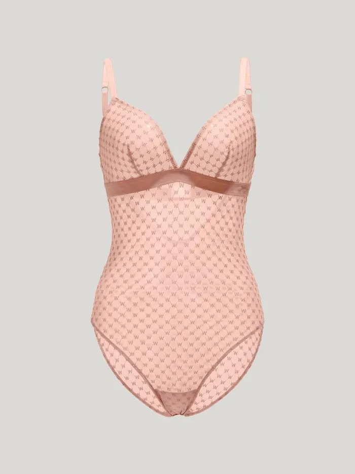 Women Bodysuits Wolford Sheer Logo Bodysuit Powder Pink