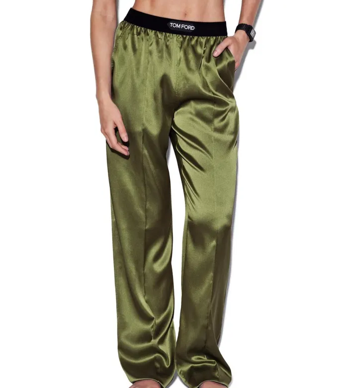 Women Bottoms Tom Ford Stretch Silk Satin Pj Pants Army Green Women Bottoms Tom Ford Stretch Silk Satin Pj Pants Army Green