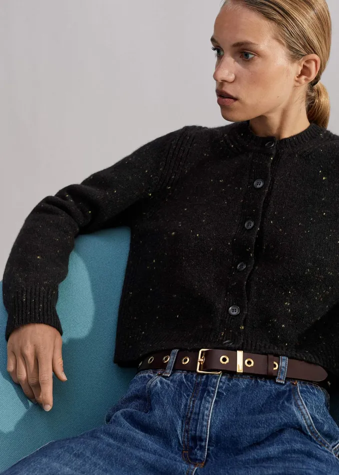 Women CashmereBlend Speckle Crop Cardigan Black MEEM