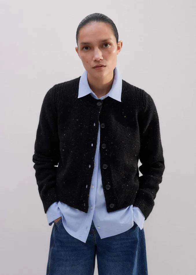 Women CashmereBlend Speckle Crop Cardigan Black MEEM