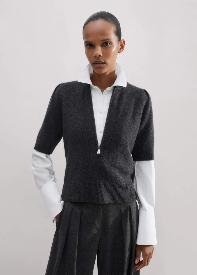 Women Cashmere Zip Neck Pouf Sleeve Tee Dark Charcoal Melange MEEM