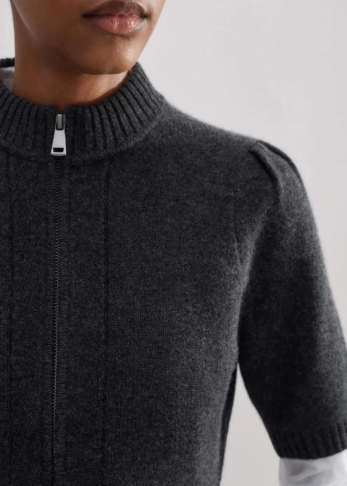 Women Cashmere Zip Neck Pouf Sleeve Tee Dark Charcoal Melange MEEM