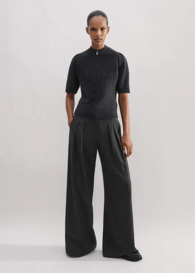 Women Cashmere Zip Neck Pouf Sleeve Tee Dark Charcoal Melange MEEM