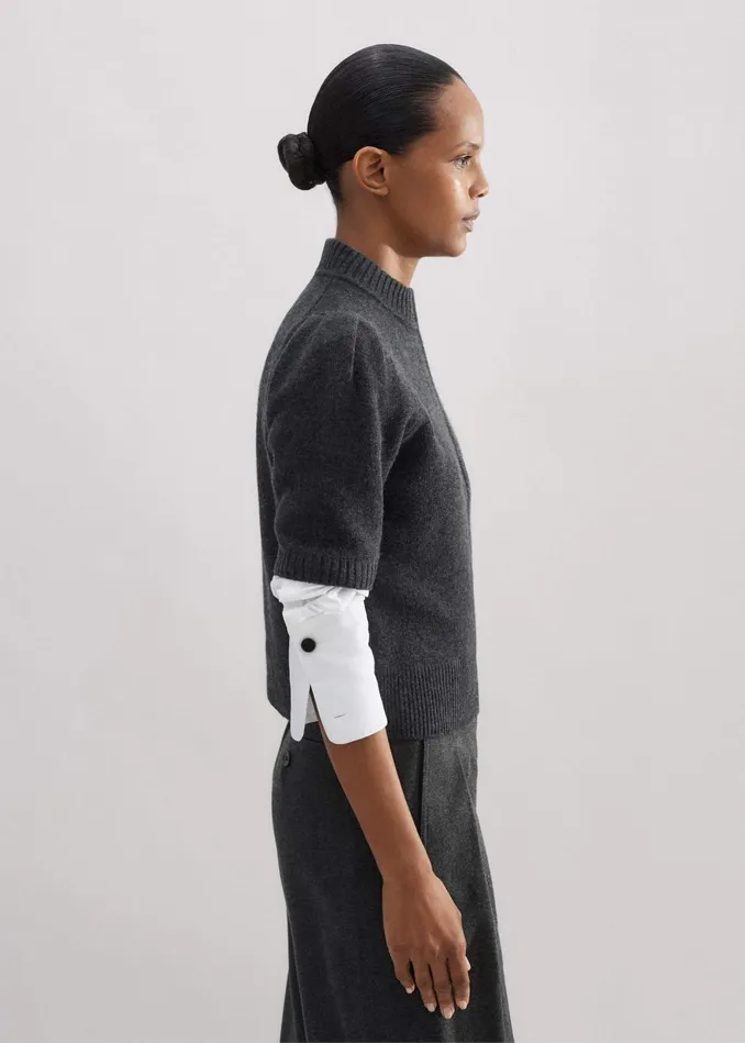 Women Cashmere Zip Neck Pouf Sleeve Tee Dark Charcoal Melange MEEM