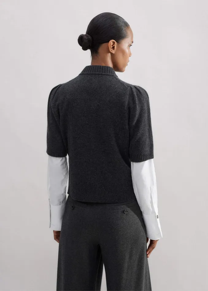 Women Cashmere Zip Neck Pouf Sleeve Tee Dark Charcoal Melange MEEM