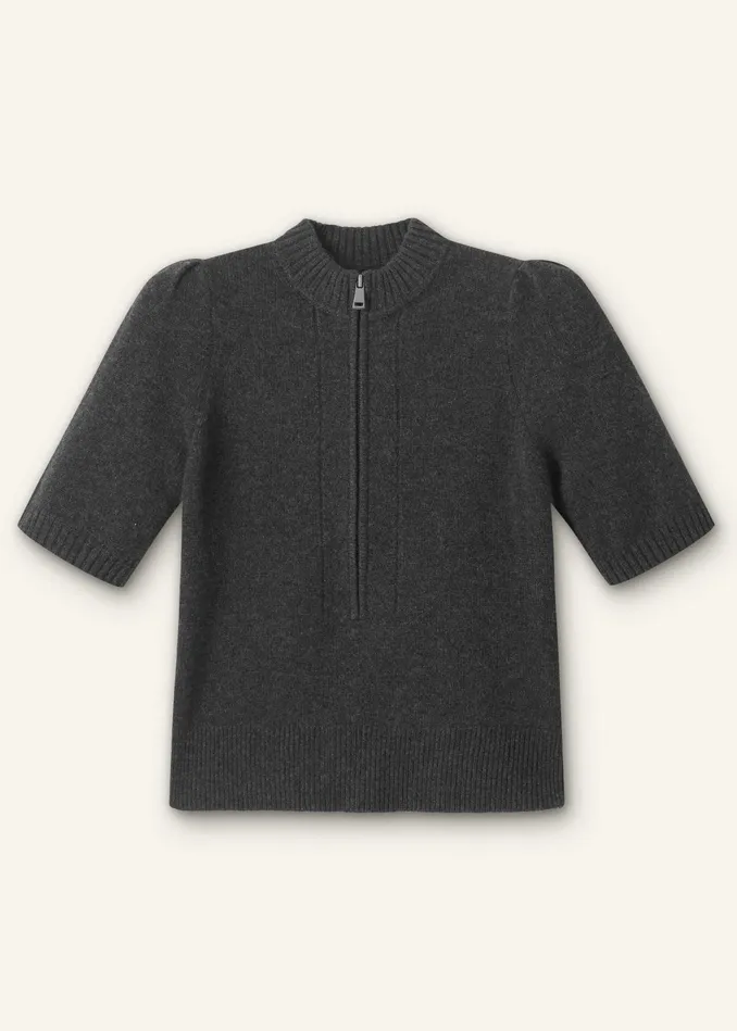 Women Cashmere Zip Neck Pouf Sleeve Tee Dark Charcoal Melange MEEM