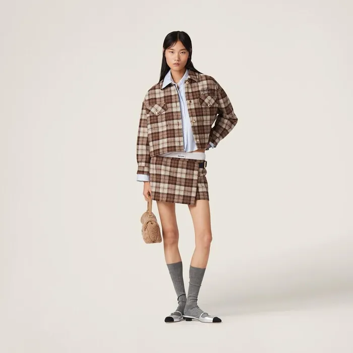 Women Coats And Jackets Miu Miu Check Blouson Jacket Cocoa Brown Women Coats And Jackets Miu Miu Check Blouson Jacket Cocoa Brown