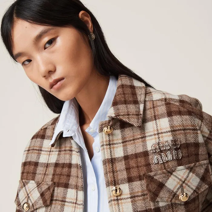 Women Coats And Jackets Miu Miu Check Blouson Jacket Cocoa Brown Women Coats And Jackets Miu Miu Check Blouson Jacket Cocoa Brown