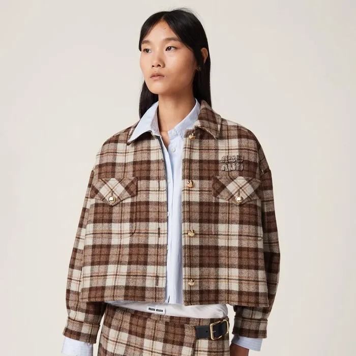 Women Coats And Jackets Miu Miu Check Blouson Jacket Cocoa Brown Women Coats And Jackets Miu Miu Check Blouson Jacket Cocoa Brown