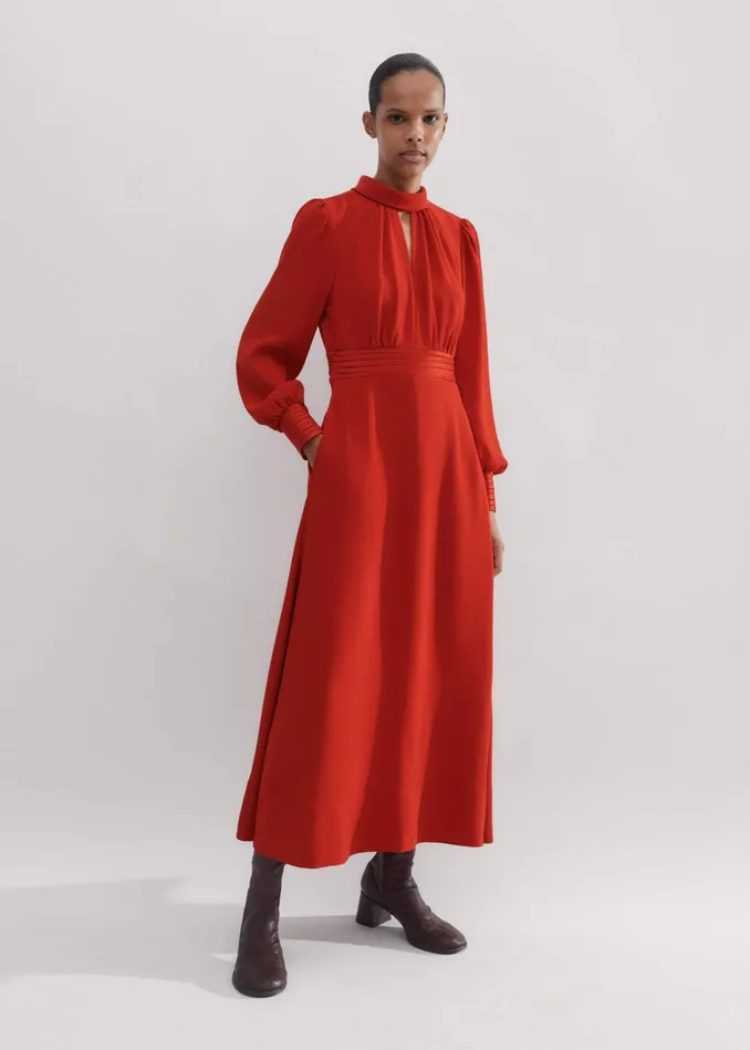 Women Crepe Ladder Trim Maxi Dress Bitter Orange MEEM